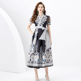 Fongt Court Dress Female Design Print Strap To The Waist Long French Bubble Sleeve Temperament Dress Dress Woman