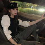 Temperament Retro Bubble Sleeve Splicing Long-Sleeved Women's Spring New Waist Knitted Ass