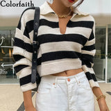 New 2021 Women Autumn Winter Sweaters Knitted Elegant Lady Polo Collar Striped Vintage Pullovers Short Tops