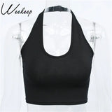 Fashion Halter Women Tank Top Knitted Solid Backless Sleeveless Crop Top Summer Fitness Cropped Vest White Basic Tee