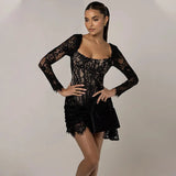 Black Long Sleeve Lace Bodycon Drape Mini Dress-Outfit