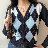 Winter Argyle Plaid Cardigans Women Vintage England Style Single Breasted Long Sleeve Knitted Sweaters Streetwear