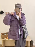 Half-Round Button Short Down Jacket Female 2024 Winter New Hat Add Thick Waist Show Thin Overalls Warm Coat-Outfit