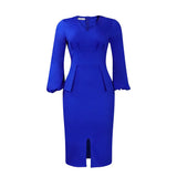 Fongt Women's V-Neck Bubble Bubble Sleeve Open Fork Dress Office Pencil Dress African Dress