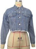 Denim Long Sleeve Button Turn Down Collar Jacket For Women Autumn Vintage Casual Pocket Cropped Coats Ladies Outfit