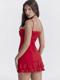 Red Lace Patchwork Buttoned Mini Dress-Outfit