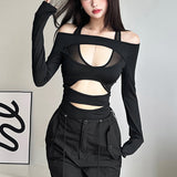 Fongt 2024 New Women's Fashion Sexy Mesh Stitching Long Sleeve Hollow Out Slim Crop Jumpsuit-Outfit