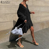 Ruffle Midi Dress Women's Summer Sundress ZANZEA Casual Puff Sleeve Patchwoek Vestidos Female V Neck