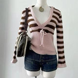 Vintage V-Neck Front Tie Hooded Sweater-Outfit