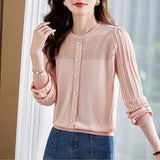 Clothing Fashion Hollow Out Blouse Korean Solid Color Spring Autumn Commute Button Loose Casual Round Neck Knitted Shirt-Outfit