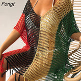 Contrast Color Sexy Loose Pullover V-neck Tassel Hollowed Out Beach Sunscreen Bikini Beach Blouse Bathing Suit WomenCover