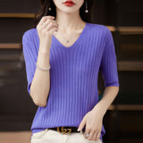 Fongt The Summer Of 2023, Women's Knit Short Sleeve Korean V-Neck Solid Color T-Shirt And A Pit Top-Outfit