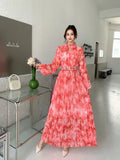 Fongt Light Luxury Temperament Dress Female High-End Feel Strapped Waist Three-Dimensional Flower Lantern Sleeve Print Dress
