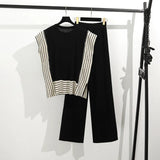 Fongt Simple Splicing Loose Short-Sleeved Knitting Top High Waist Thin Leg Pants Two