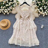 Fongt High-End Heavy Industry Nail Drill Three-Dimensional Flower Square Collar Horn Sleeves To Close The Waist Hollow Lace Dress 20