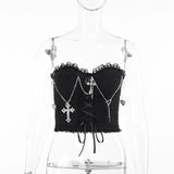 Gothic Cross Chain Brace Strap Irregular Rose Textured Lace Skirt Hierarchical Halter Skirt-Outfit