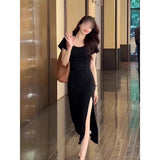 Fongt Fork Long Hepburn Small Black Dress Niche Figure Small Mother Bag Hip Long Dress Black Cold Sister Dress