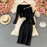 2023 Loose Round Collar Slim Short Knit Top Two Suit Slip Vest Dress Slim Dress-Outfit