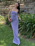 Blue Strapless 3D Flower Ruched Maxi Dress-Outfit