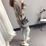 Style Versatile Striped Jacket Sweater Female 2023 Autumn And Winter New Style Lazy Wind Loose Half High Collar Hair-Outfit