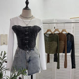 Real Shooting Denim Splicing Mesh Design Long-Sleeved T-Shirt Wearing Rope Tie Short Repair Body Coat