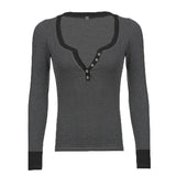 Contrast Color Breasted U Neck Long Sleeve Tee-Outfit