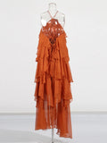 Dress Women 2025 Early Spring New Elegant Style Hanging Neck Sexy Leaf Side Long