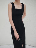 Square Collar Black Dress Women Fashion Sleeveless Solid Elegant French Midi Dresses Ladies Office