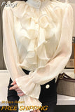 Stand Collar Chiffon Lace Shirts Korean Ruffles Stitching Elegant Button Blouse Woman Long Flare Sleeve Loose Tops