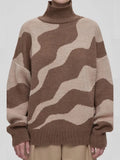 Women's Oversize Sweater Khaki Loose Stripes Print Women's Turtleneck Warm Knitted Long Sleeve Fashion Pullovers New