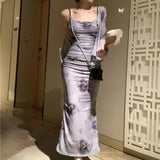 Rose Tie Dyed Slim Fit Strap Dresses+ Y2k E-Girl Long Sleeve Sun Protection Tops Women 2024 Summer Two Piece Sets-Outfit