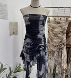 Solid Shot Tie Net Yarn Printing Irregular Ribbon Three-Dimensional Flowers Small Man With Chest Short Skirt Dress Dress