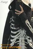 Y2K Gothic Zip Up Hoodies Women Punk Oversized Skull Skeleton Print Sweatshirts Black Hip Hop Loose Tops Jacket