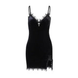 Dark Design Lace V Collar Tuxedo Bread Hip Skirt Summer Personality Dress Women's Dress-Outfit