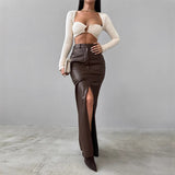 Fongt Women's Wear 2024 Leather Design Sense Open Fork Solid Color High Waist Simple Leather Slim Body Skirt-Outfit