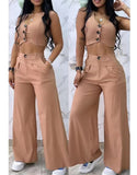 Fongt New Fashion Khaki Short Vest Vest Suit Casual Wide-Leg