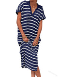 Fongt Summer Dress Women's V-Neck Stripe Low Slit Lapel Long Sweater Even-Outfit