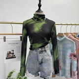 Autumn Single-Layer Mesh Base T Shirt Girls Printed Full Sleeve Turtleneck Tees Slim Women See Through Tshirts-Outfit