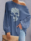 Women Sexy Skew Collar Casual Blouse Elegant Femme Skull Print Office Shirt Blusa Spring Autumn Hollow Batwing Sleeve