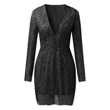 Fongt New Women's Ebay Dress Deep V Perspective Long Sleeve Short Dress Sprinkled Gold