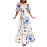 Fongt 2024 Women's Wear Elegant Fashion Printed Lantern Short Sleeve A Line