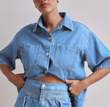 Fongt Summer Women's Casual Retro Loose Shirt Denim Shorts Set Denim