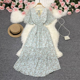 Fongt Wind Temperament Sweet Broken Flower V Collar Dress Beach Vacation Snow Spinning A Word Long Skirt-Outfit