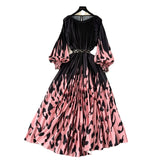 New Women's Dress Dress Oversized Printed Pleated Pleated Waist Belt Holiday Skirt-Outfit