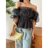 Mesh Bubble Sleeve Blusas Mujer Off-shoulder Shirts Blouses Lace Up Bow Camisas Spring Summer 2024 Tops Tunic Ropa-Outfit