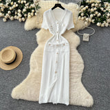 Fongt Fragrant Style High-End Hair-Side V-Neck Short-Sleeved Knitted Dress Women's Summer Waist Single Buckle-Clove Long Dress