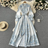 Fongt And Autumn Dress Retro Court Style Lapl Lantern Sleeve Print Dress Women's Single Buckle Large A-Word Over Knee Dress