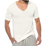 Fongt Men's Thin V-Neck Solid Knitwear Summer Short-Sleeved Knitted T-Shirt