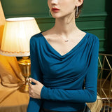 Autumn Full Sleeve Modal T-shirts Girls Heaps Collar Solid Soft Slim Stretchy Tshirts Tops For Woman-Outfit