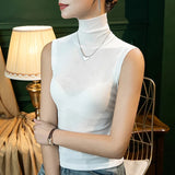 Autumn Basic Mesh Tank Girls Turtleneck Elastic Slim Sheath Top Female Solid Simple Sleeveless Tees Tshirts-Outfit